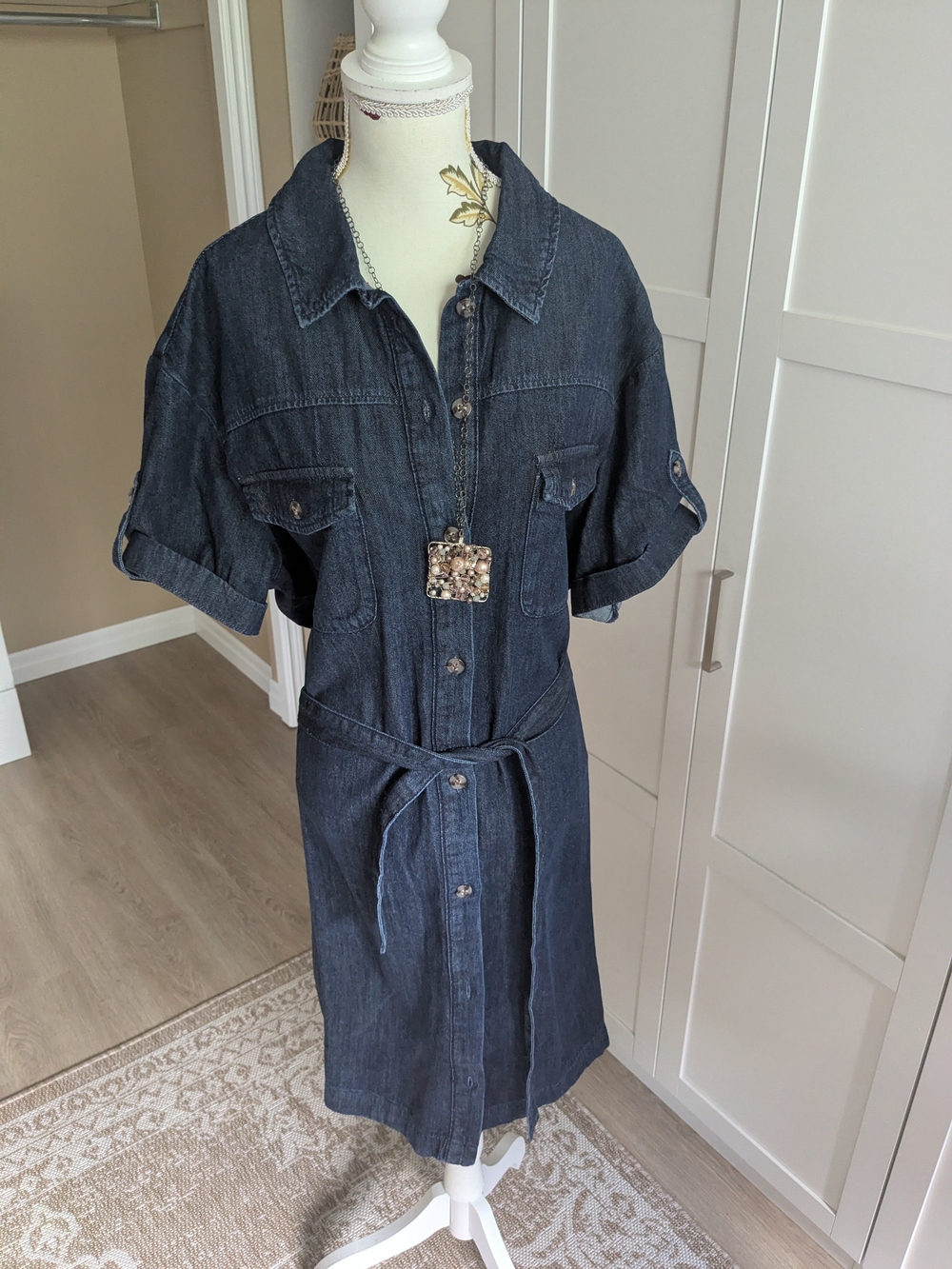 Iyla Dark Denim Button-Up Dress with Waist Tie